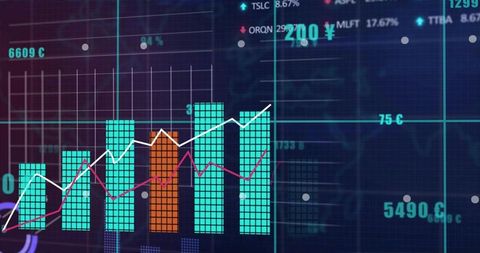 Neon trading dashboard displaying bar chart and line graph for financial analytics