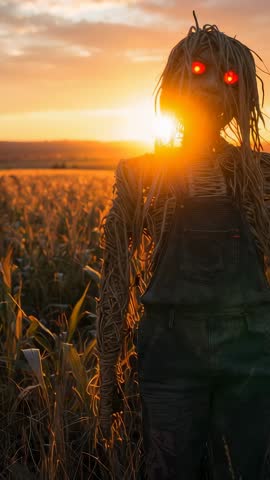 Sun-dipping scarecrow with flickering red eyes haunting cornfield at golden twilight