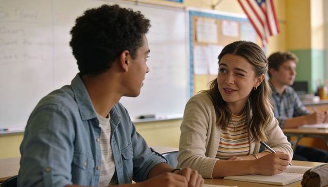 High school students exchanging notes and smiling in classroom collaboration moment