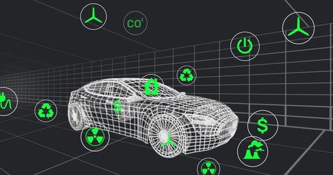 3D Car Model with Eco-Friendly Technology Icons on Black Background - Download Free Stock Images Pikwizard.com