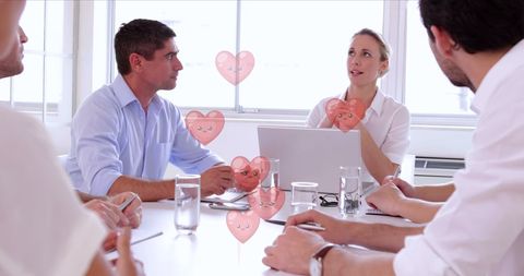 Family meeting with heart motif decorations and casual attire