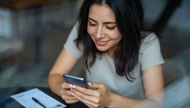 Hispanic woman engaged with smartphone at cafe table