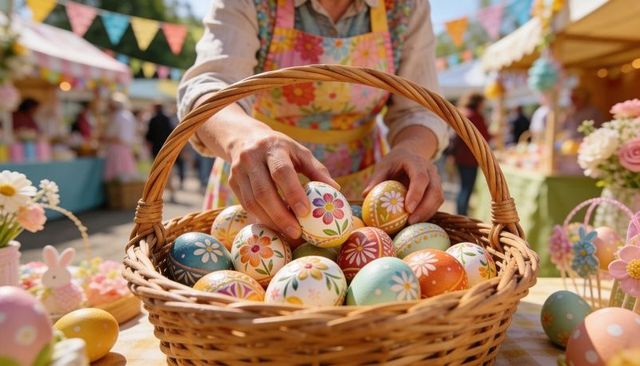 Sorting Hand-Painted Easter Eggs in Wicker Basket at Spring Craft Market for Seasonal Decor