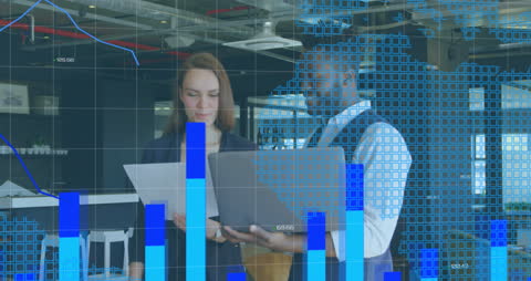 Business Professionals Analyzing Data with Graphical Overlay