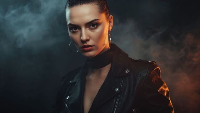 Fashion model in black leather with dramatic smoky lighting