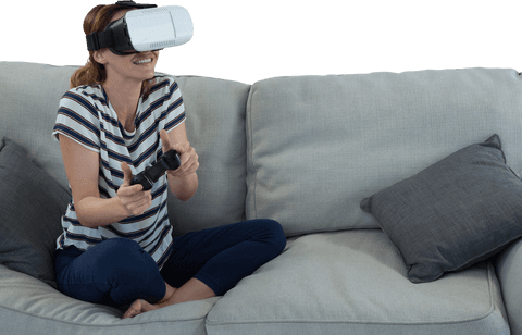 Smiling Woman Using Transparent Virtual Reality Headset
