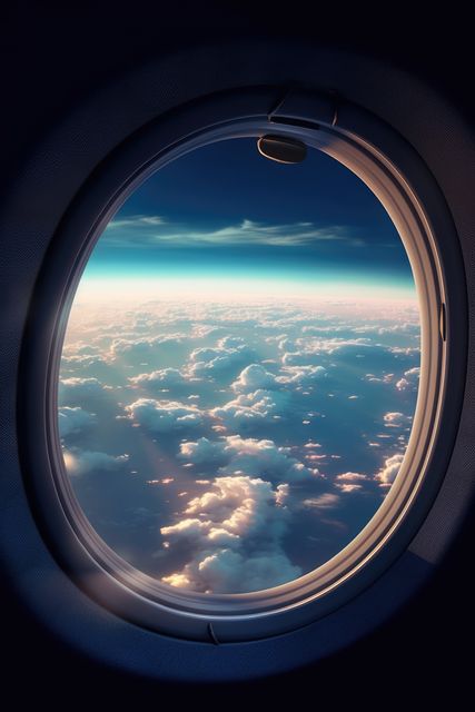 Sky with clouds seen through airplane window, created using generative ai technology. Air travel and outside airplane window concept digitally generated image.