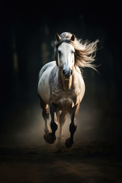 Powerful photo of a white horse running with its mane flowing in the dark. Can be used for themes related to beauty, speed, elegance, and strength in nature. Ideal for advertisements, calendars, equestrian magazines, or motivational posters.