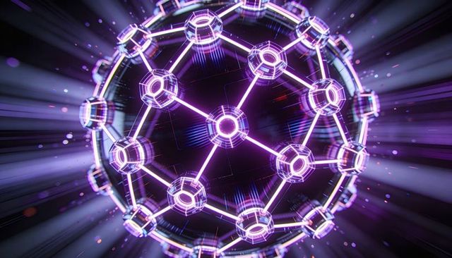 Glowing geodesic sphere emitting neon hubs and lattice network with radial energy streaks