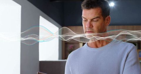 Man Analyzing Digital Waves on Smartphone in Modern Office