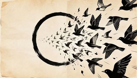 Black birds streaming from broken ink circle on aged parchment, abstract flight concept