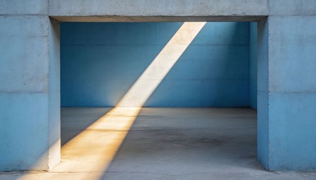 Diagonal Sunbeam Cutting Through Minimal Blue Concrete Interior With Framed Rectangular Opening