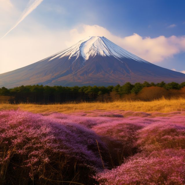 Ideal for travel agency promotions, nature-themed calendars, desktop wallpapers, and inspirational posters. This image showcases an awe-inspiring snow-capped mountain against a blue sky, with a breathtaking field of purple flowers in the foreground. The tranquil environment and vivid colors make it perfect for use in marketing materials that emphasize natural beauty and serenity.