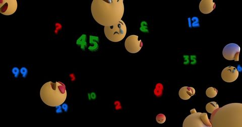 Floating emoji icons with colorful numbers on black background