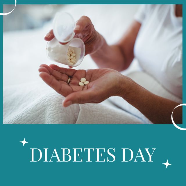Composition of diabetes day text over caucasian woman holding pills. Diabetes day and celebration concept digitally generated image.