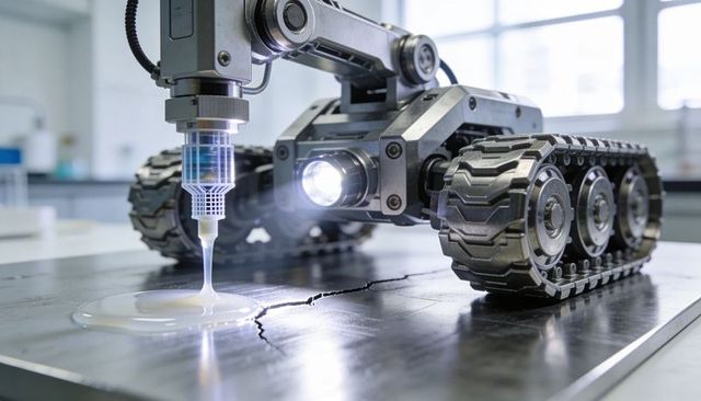 Tracked Robotic Dispenser Repairing Cracked Metal Plate with Epoxy and LED Inspection Light