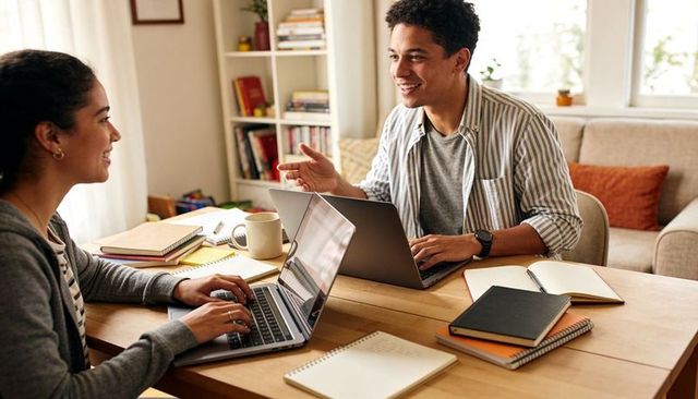Young professionals collaborating and typing at home workspace with laptops and notebooks