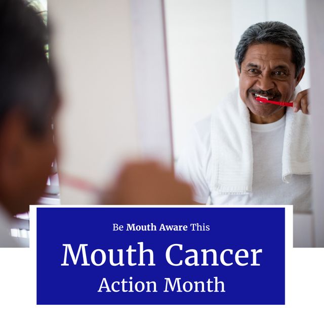 This image promotes Mouth Cancer Action Month, depicting an Indian man brushing his teeth while looking in the mirror. It underscores the importance of oral health and cancer awareness among mature adults. Useful for health awareness campaigns, dentist offices, educational materials related to oral hygiene, or social media posts promoting healthcare and monthly awareness initiatives.