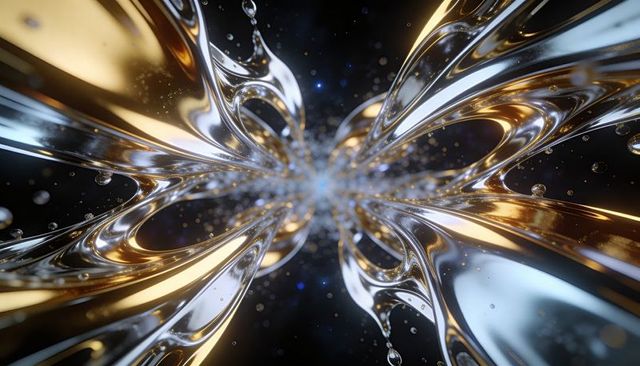 Mirrored liquid ribbons in gold and silver converging with suspended droplets and bokeh