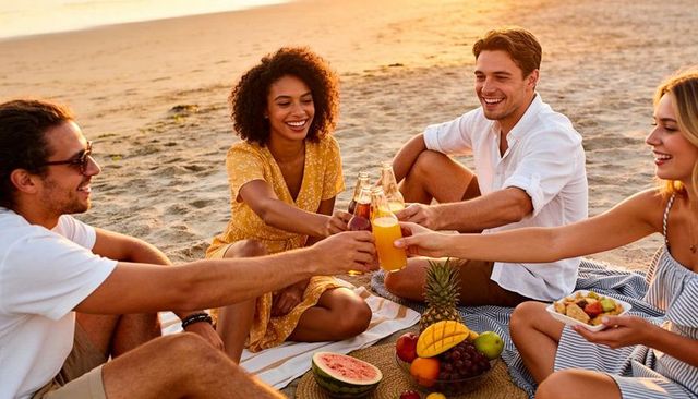 Friends clinking bottles on sunset beach picnic enjoying tropical fruit and laughter