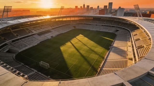 Sunset stadium bowl overlooking skyline, glowing grass pitch with single goal