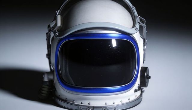 Riveted space helmet with blue trim and dark reflective visor on minimal studio surface