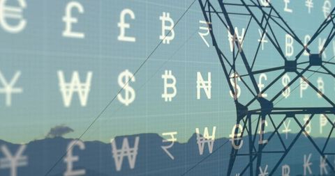 Power pylon silhouette over mountain ridge with floating currency symbols at sunrise