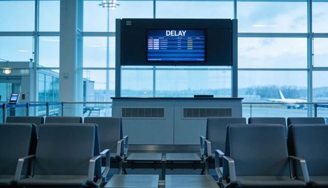 Empty airport gate waiting area with large digital departure screen showing delay alert