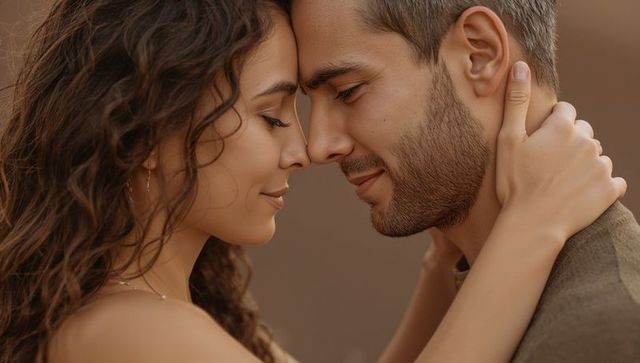 Intimate closeup of romantic couple touching foreheads and noses, warm portrait