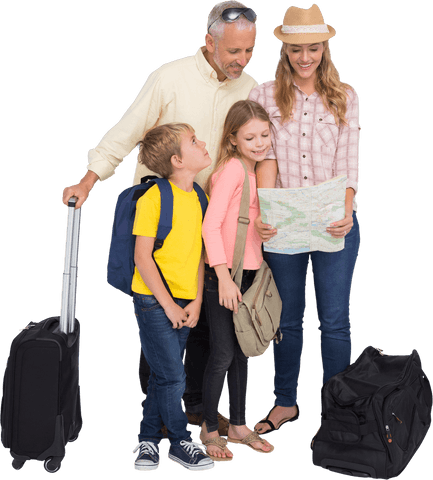 Smiling family traveling with luggage and transparent map