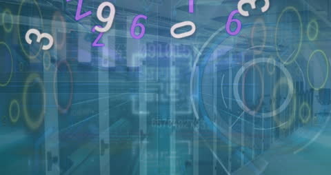 Futuristic Data Center with Infographic Elements and Digital Numbers