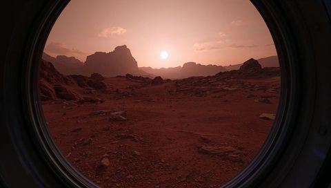 Mars outpost view framing circular porthole over red rocky plain at dusk