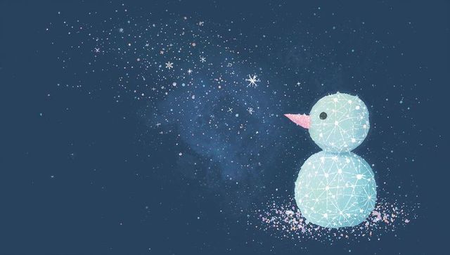 Gleaming lowpoly constellation snowman sitting over starfield with pink nose and copy space