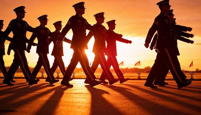 Honor guard marching past grave markers at sunset silhouetted ceremonial military formation