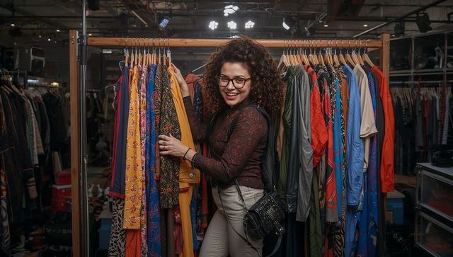 Cheerful Woman Exploring Vibrant Clothing in Boutique Store