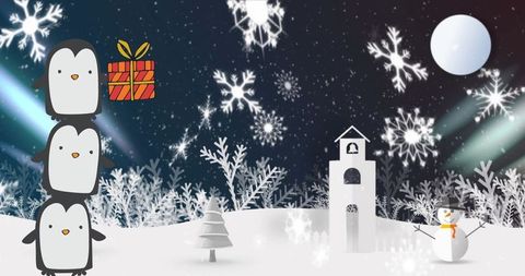 Playful Winter Wonder with Adorable Penguin Trio and Snowy Scene