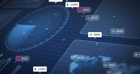 Futuristic digital dashboard showing social engagement metrics on hud grid and network map
