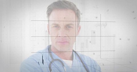Confident Male Doctor with Data Overlay Symbolizing Medical Innovation