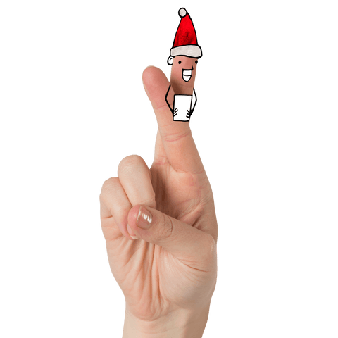 Hand with Merry Painted Finger Character in Santa Hat, Transparent Background
