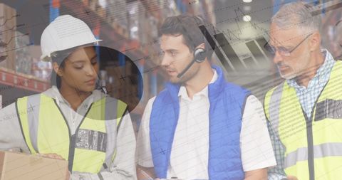 Warehouse Team Collaborating with Digital Statistics Overlay - Download Free Stock Images Pikwizard.com