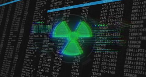 Neon Green Radiation Symbol Over Cybersecurity Terminal with ERROR Logs and Data Glitch