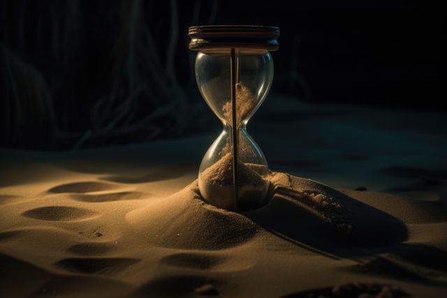Close up of hourglass on sand in desert at night, created using generative ai technology. Waiting, aging, lifespan and time concept, digitally generated image.
