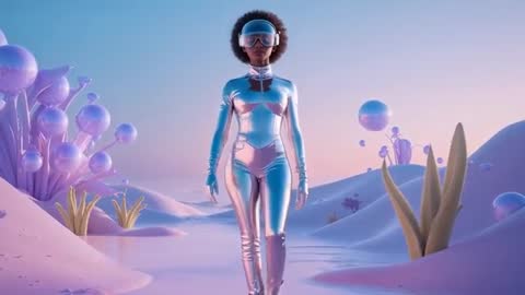 Futuristic Explorer Traversing Icy Alien Terrain at Dusk