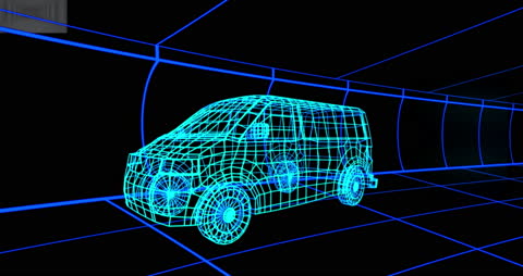 Visual representation of a wireframe van in a digital grid background. This illustration exemplifies the intersection of technology and transportation, noticeably in the automotive industry. Perfect for designs in tech journals, articles on autonomous vehicles, or presentations focused on futuristic technology and digital automotive innovation.