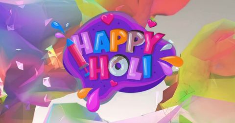 Vibrant happy holi graphic, colorful droplets and polygonal abstract backdrop celebrating