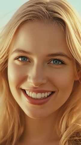 Vertical video: smiling blonde woman tilting head, blinking and squinting in warm sunlight
