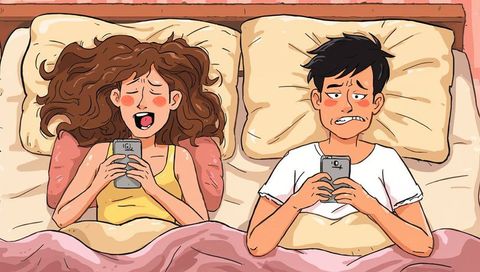 Couple using smartphones in bed, contrasting emotional reactions