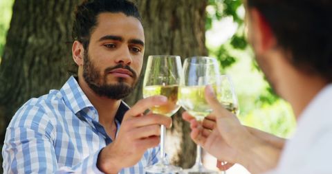 Friends Enjoying White Wine Toast in Sunny Garden