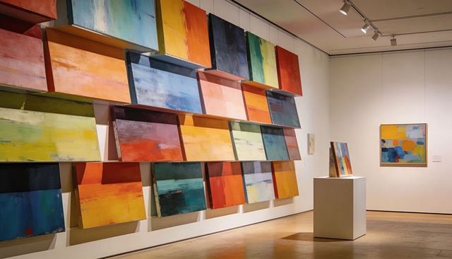 Featuring large stacked colorful abstract panels covering gallery wall with plinth display