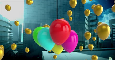 Vibrant Balloons Floating Over Modern Cityscape
